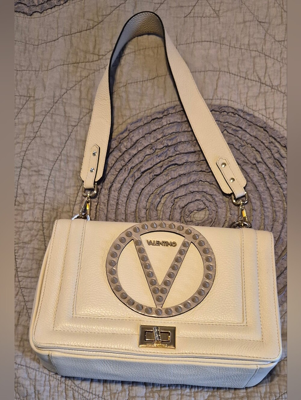 Valentino Cream Leather Shoulder Bag with Stud-V Logo